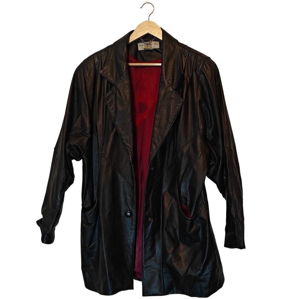 Maggie Lawrence Black Leather Blazer Jacket Red Lining Size L